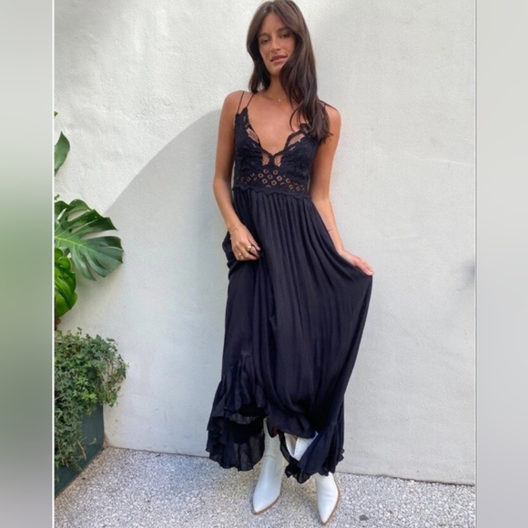 Free People L Adella Maxi Slip Floral Lace Long Flowy Dress Criss Cross Back - Picture 2 of 16